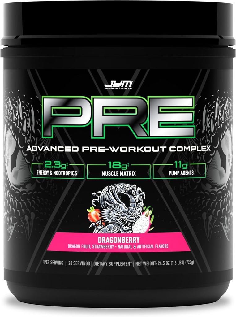 JYM Supplement Science Pre JYM X Dragonberry Pompes à poudre pré-entraînement avancées, Nitrate Citrulline, Dynamine, NO3T Betaine, BCAA, Nootropics, Créatine, Beta-Alanine, 20 portions