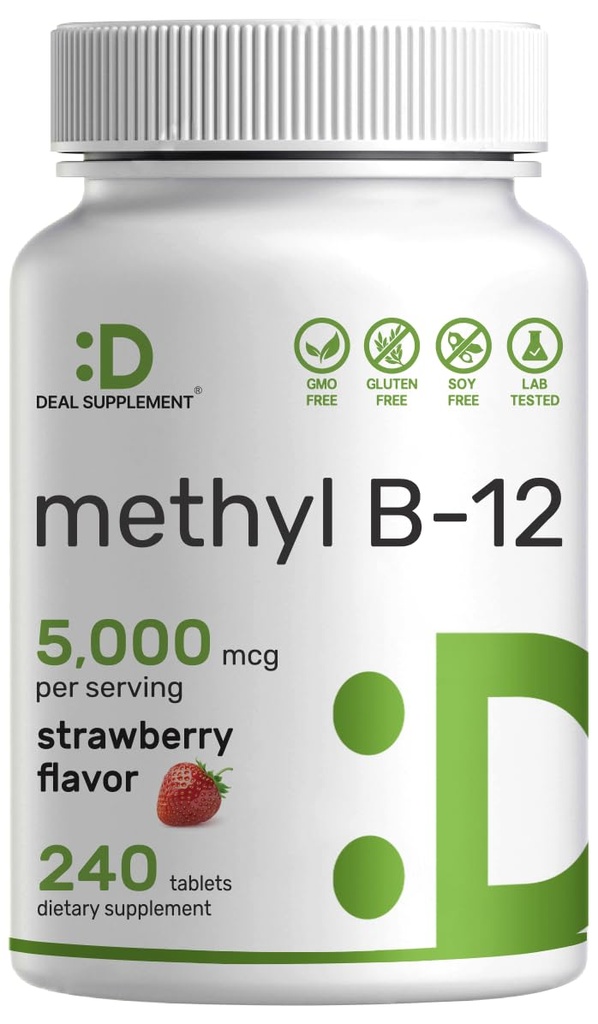 DEAL SUPPLEMENT Methyl B-12 Vitamine 5000 mcg, 240 Kautabletten | Aktive Form - Erdbeer-Flaschen - Energieunterstützung & Gehirngesundheit Funktion - Vegetarisch & GMO Kostenlos