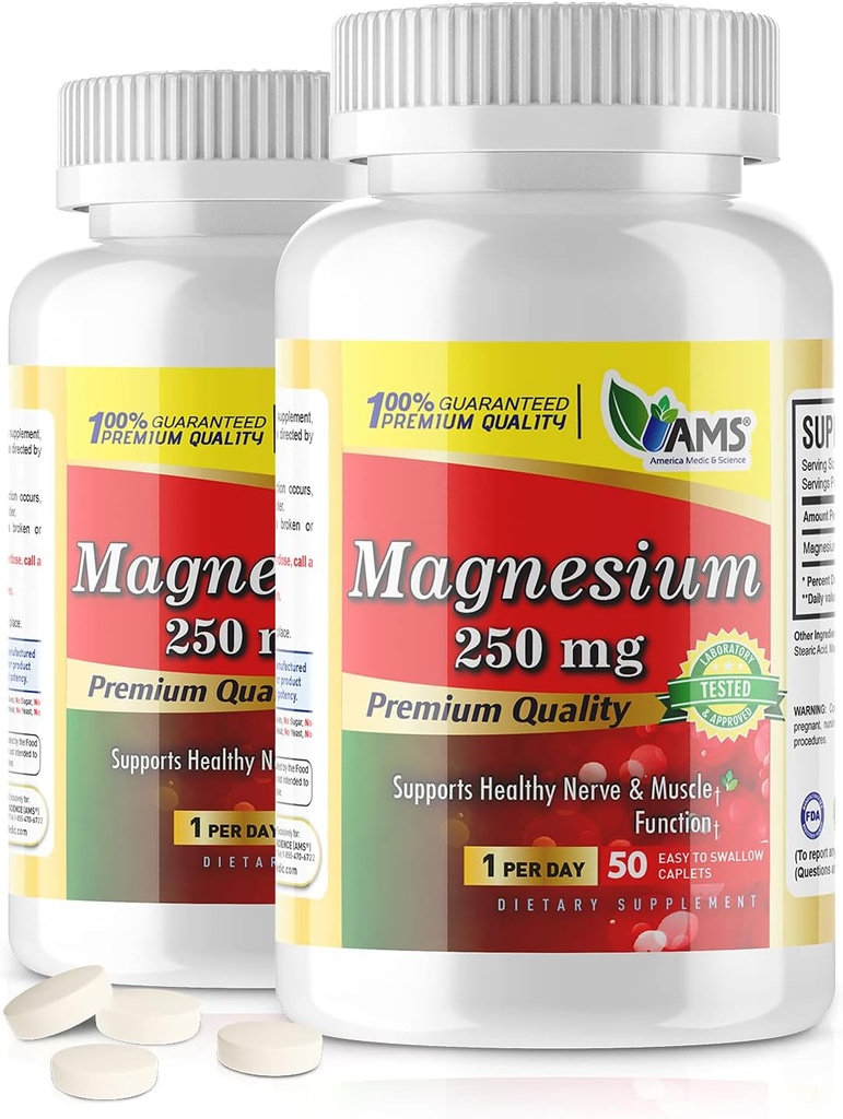 America Medic & Scienza Magnesio 250 mg (100 Caplets) | Confezione di 2 Bottiglie | Supplemento di ossido di magnesio per gli uomini e le donne | Supporta funzioni sane di Nerve e del muscolo | Migliora le prestazioni di esercizio