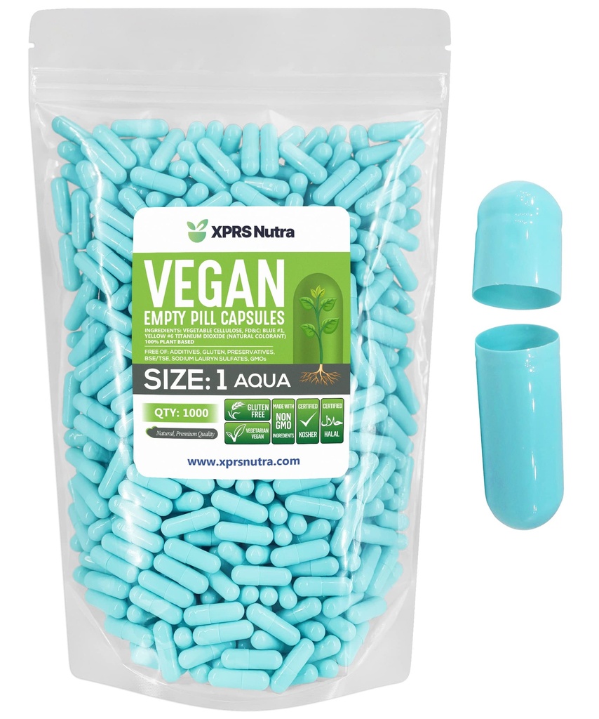 XPRS Nutra Größe 1 Leere Kapseln - 1000 Graf Leere Vegan Kapseln - Vegetarische Pillen - DIY Gemüse Kapsel Füllung- Veggie Pillen Kapseln für Do-It-Yourself Ergänzungen (Aqua)