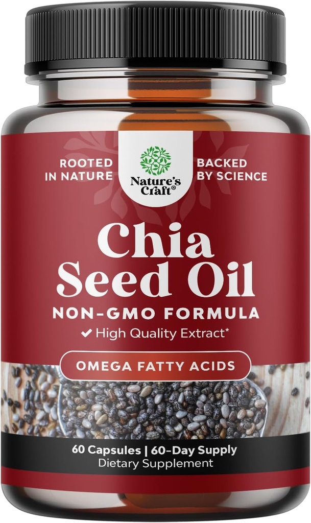 Chia Seed Oil Supplement for Weight Loss and Energy Natural Superfood Protein Metabolism Booster for Men and Women - Tryptophan Antioxidant Vitamins Omega 3 Fatty Acids 60 Servings per Container
