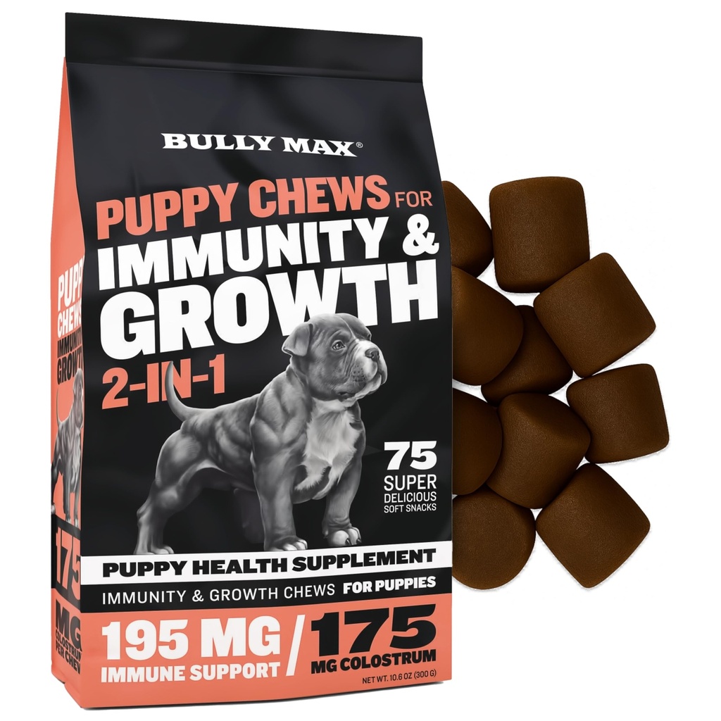 Bully Max 2-en-1 Puppy traite les chews doux pour l'immunité et la croissance - Vitamines et suppléments pour chiens - Topper alimentaire multivitamine essentielle pour la santé et le soutien immunitaire - petits, moyens et gros chiots de race