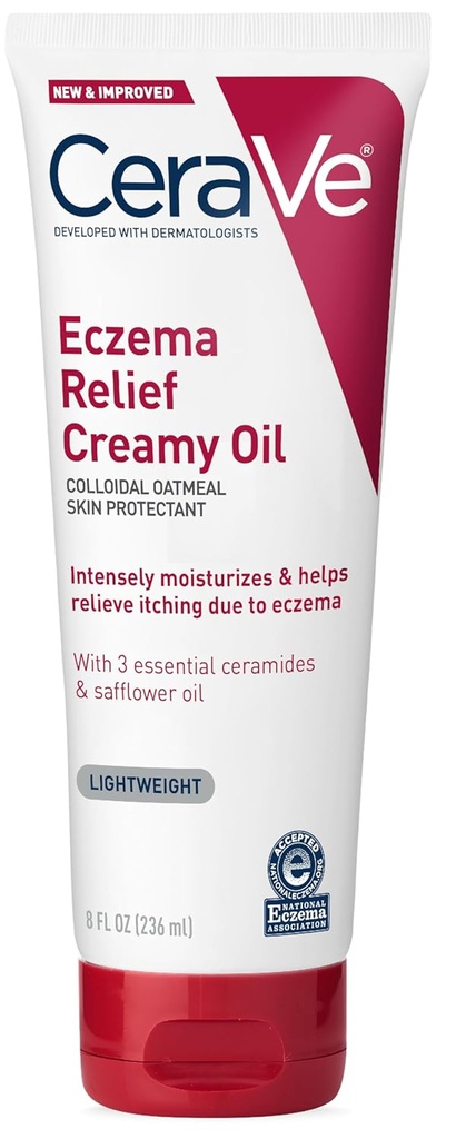 CeraVe Eczema Relief Creamy Body Oil, Eczema Crema Calmante Con Oatmeal Colloidale & Safflower olio per pelle secca & Itchy Rilievo della pelle, steroide Free & Paraben Free, 8 oncia