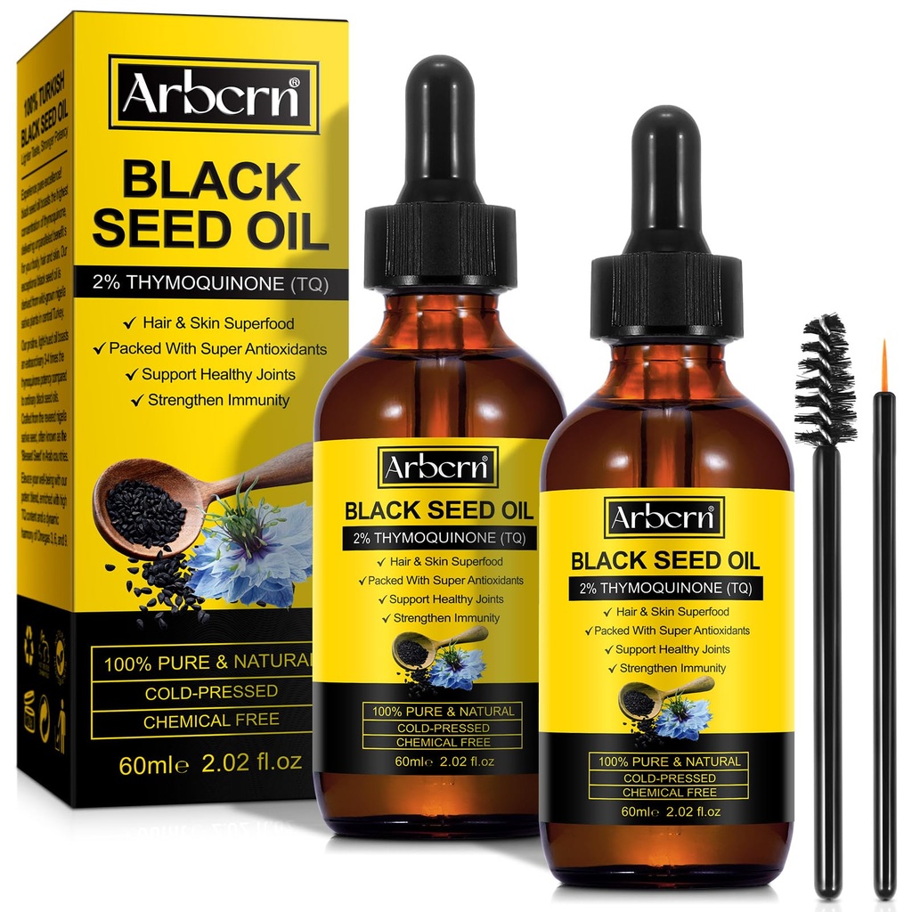 2 Pack Olio di semi di nero stampato a freddo organico,100% puro & naturale liquido nero Seed olio stampato a freddo bottiglia di vetro 60ML per le cure della pelle, nutrienti e idrati capelli
