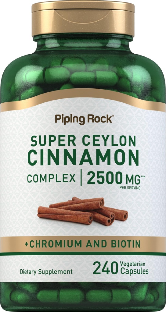 Piping Rock Super Ceylan Cinnamon Complex Capsules de 240 Pilules de poudre Supplément d'extrait avec Chrome et Biotine