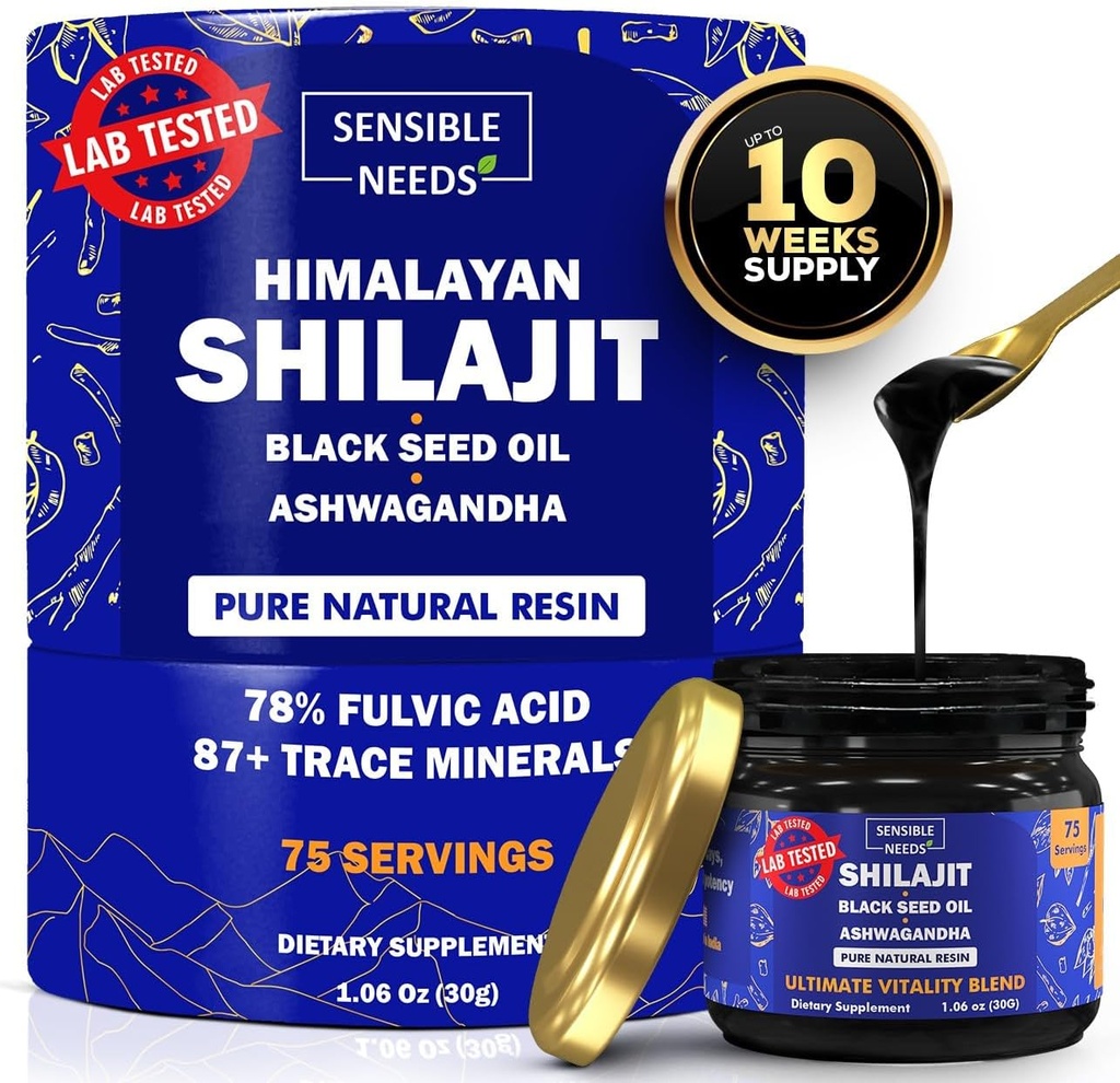 Pure Himalayan Shilajit Organic Resin Supplement, Shilajit für Männer und Frauen mit schwarzem Seed Oil & Ashwagandha, Energie, Immunität, 78% Fulvic Acid, 87+ Trace Minerals, 400mg