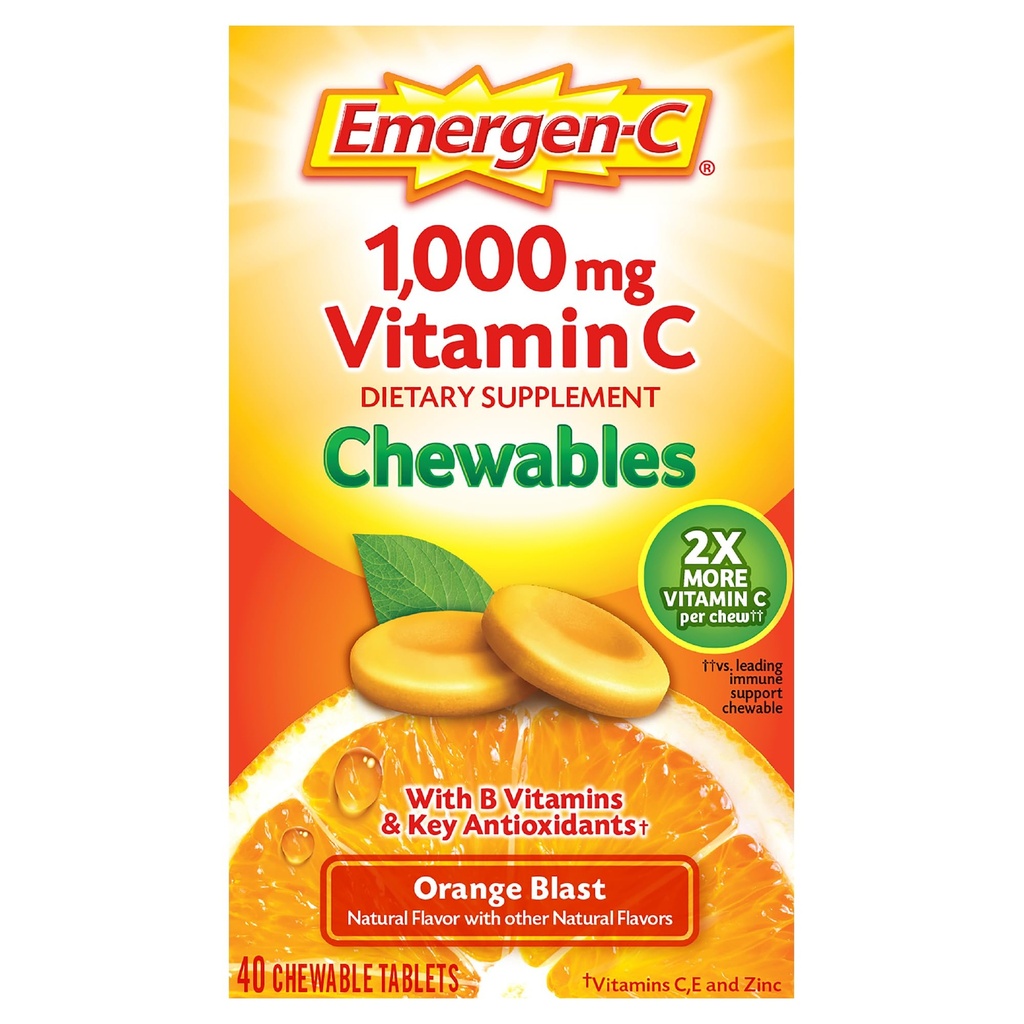 Emergen-C Kaubares Vitamin C 1000mg, mit B Vitamine und Antioxidantien Tablet (40 Graf, Orange Blast Flavor), Nahrungsergänzung
