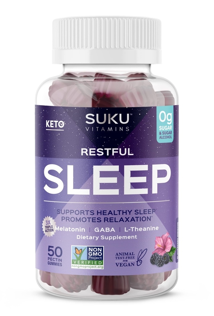 SUKU Restfähige Schlafgummis – 3 mg Melatonin, L-Theanin & GABA – Vegan, Sugar Free Chewable for Relaxation & Natural Sleep Support – BlackBerry-Hibiscus Flavor – Non-GMO, Gluten-Free – 50 Count