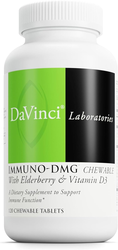 DAVINCI Labs Immuni-DMG Chewable with Elderberry and Vitamin D3 - Supplemento alimentare al supporto cellulare e salute immunitaria* - con vitamina C, D3, E, Black Elderberry, DMG e altro - 120 compresse masticabili