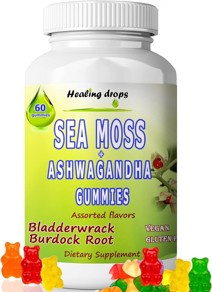 Sea Moss Gummies Ashwagandha con Bladderwrack Burdock Root, Alkaline Keto Vegan Non OGM Diet, Latticini e Gluten Free – da Healing Drops