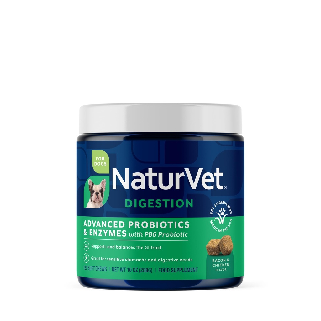 NaturVet Advanced Probiotics & Enzymes, PB6 Dog Soft Chews, um empfindliche Stomachs und Verdauungsprobleme zu helfen, Hickory Smoked Bacon Flavored Pet Supplement für Hunde über 6 Wochen, 120 Count Jar