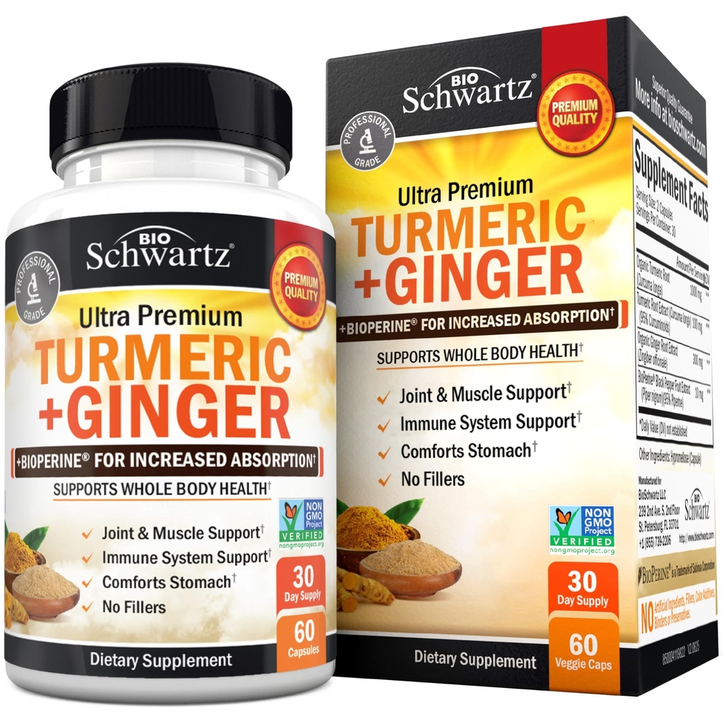 Curcumina e Ginger Supplemento - 95% Curcuminoidi standardizzati con Estratto di Pepe Nero BioPerine per Assorbimento Ultra Alto - Integratore di Supporto Giunto Naturale - Gluten-Free - 60 Capsule