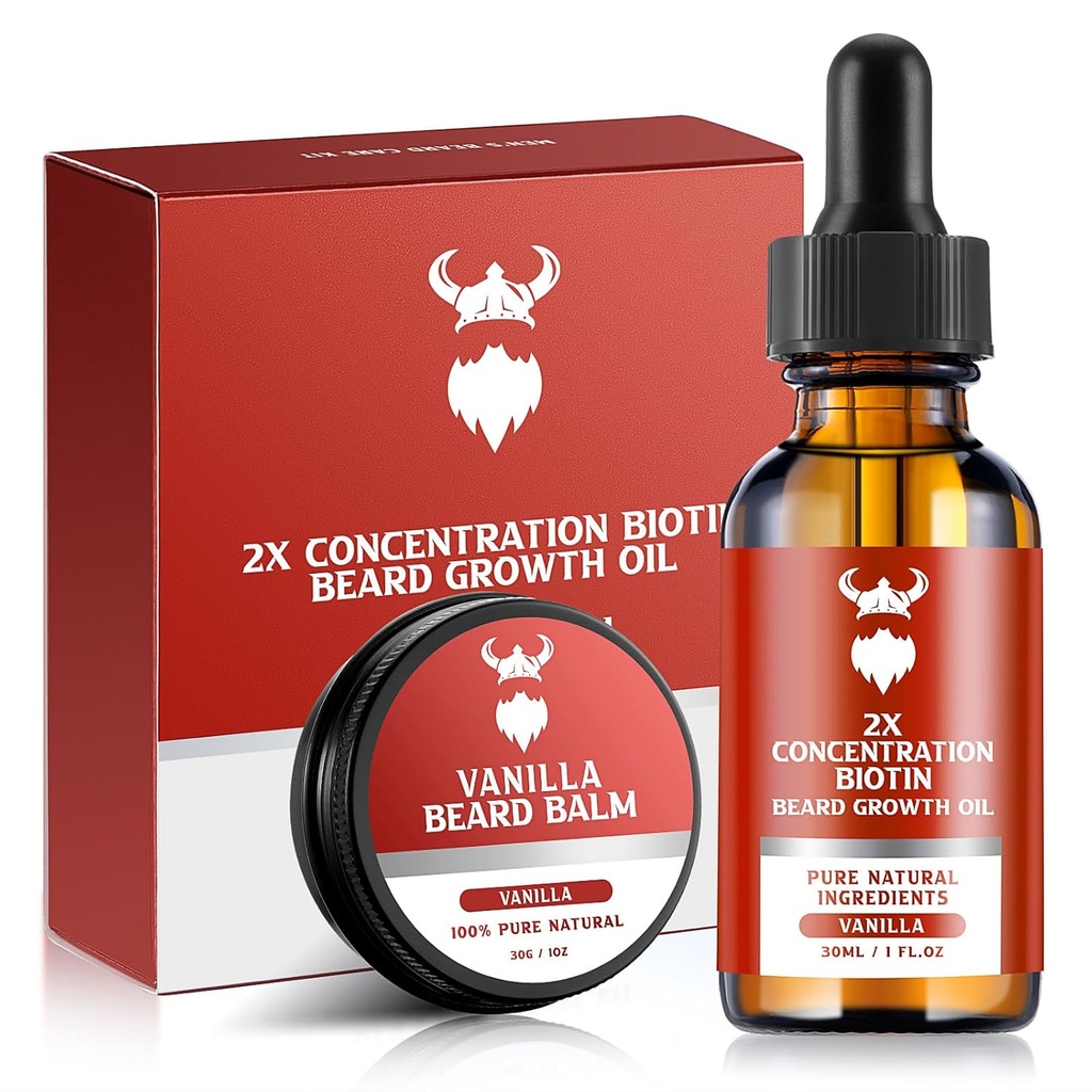 Kit de croissance de la barbe - 2X concentration biotine pour les hommes, ingrédients naturels avec huile d'argan, huile de jojoba et vitamine (Vanilla)