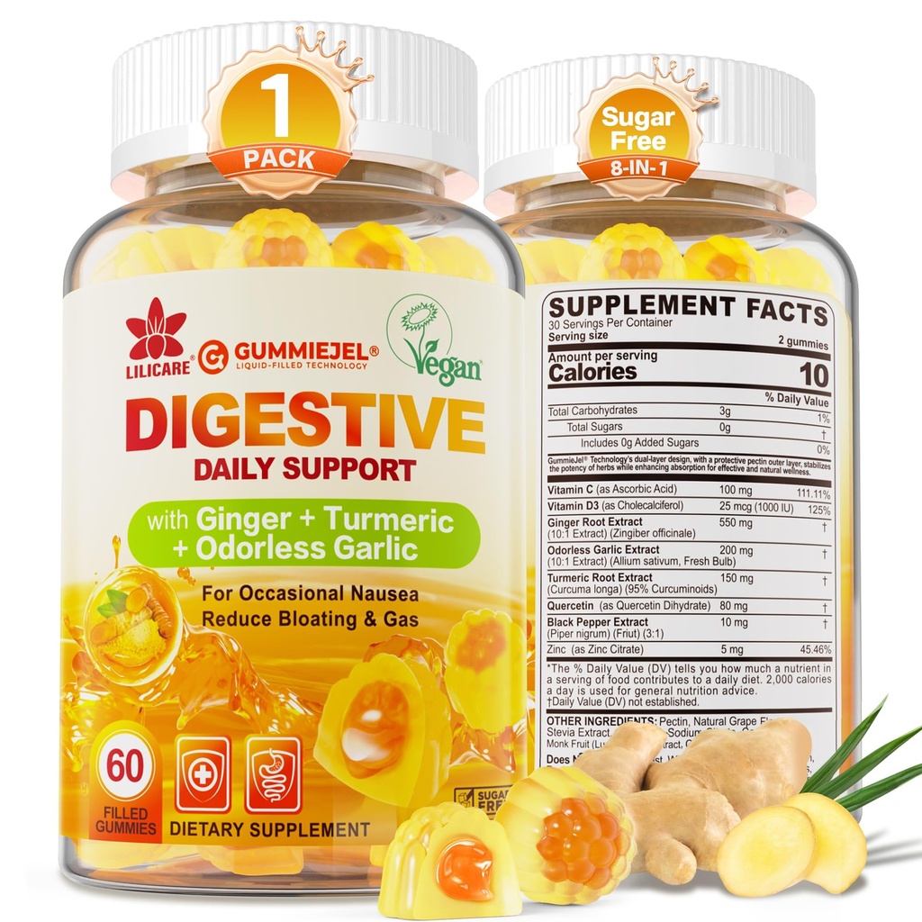 Ginger Chews Gummies for Nausea & Digestive Support, Stomach Relief - Sugar Free with Turmeric & Odorless Garlic, Quercetin, Vitamina D3, C, Delicious Digestive Supplements, 60Cts (Pack of 1)