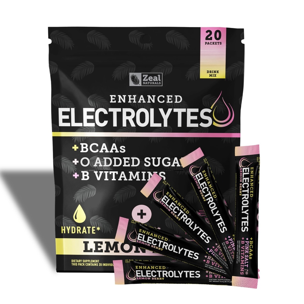 Verbesserte Elektrolyt-Pulver-Stick-Packs (Lemon Berry | 20 Pakete) w/ 0 Zucker + BCAAs +B-Vitamine Elektrolyt-Ergänzung mit Kalium Zink & Magnesium für Hydration - Keto Elektrolyte