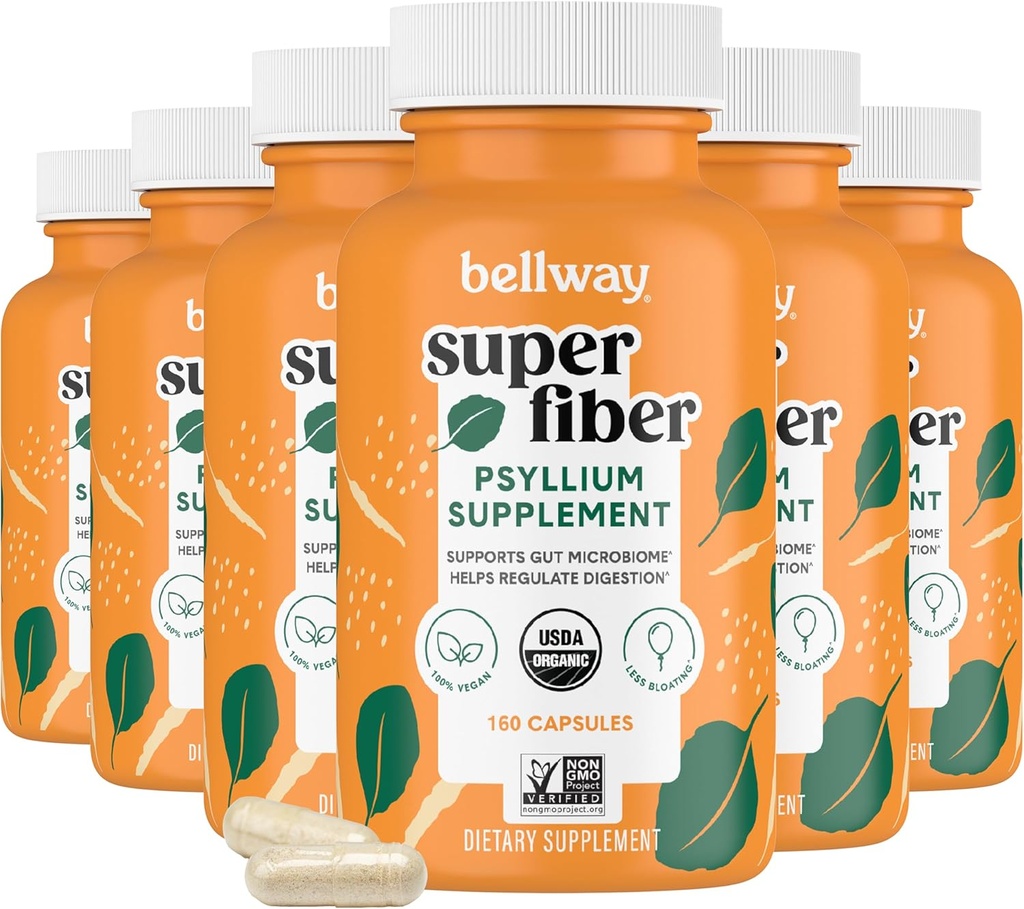 Bellway Super Fiber Capsules (6 Pack) - USDA Organic Psyllium Husk Capsules - Tägliche Psyllium Husk Fiber Supplement für Verdauungs-Gesundheit und Regularität, Pflanzenbasiert, Non-GMO, Kosher - 960 Kapseln