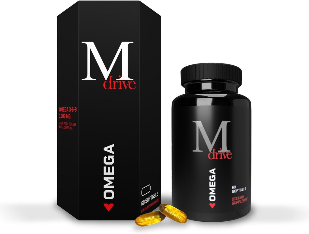 Mdrive Omega 3 Fish Oil for Men, Omega 3-6-9 1200mg from Fish, Borage & Flaxseed Oil, Support Heart, Brain, Skin and Joint Health, 60 Count
