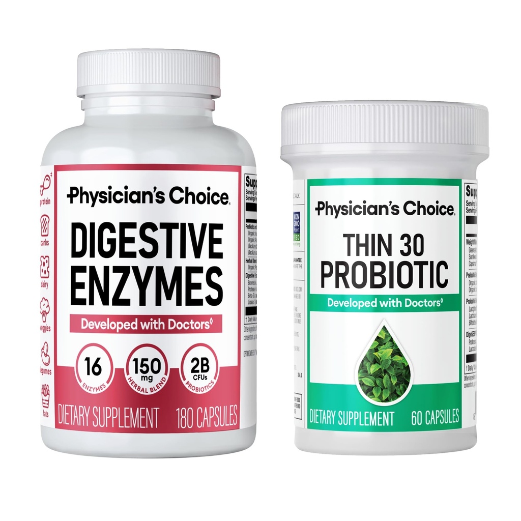 Physician's CHOICE - Beat Bloat + Support Weight Management Bundle: Verdauungsenzyme 180ct + Thin-30 Probiotic 60ct - Value Pack