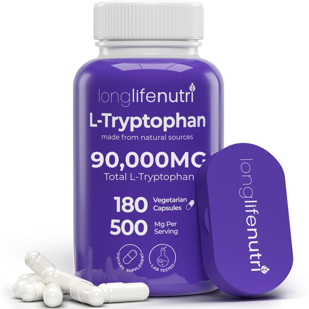 L-Tryptophan 500mg – 180 Vegetarische Kapseln, 6-Monats-Versorgung, für Schlafhilfe und Stimmungsstabilität, Labor getestet, Made in USA, Non-GMO
