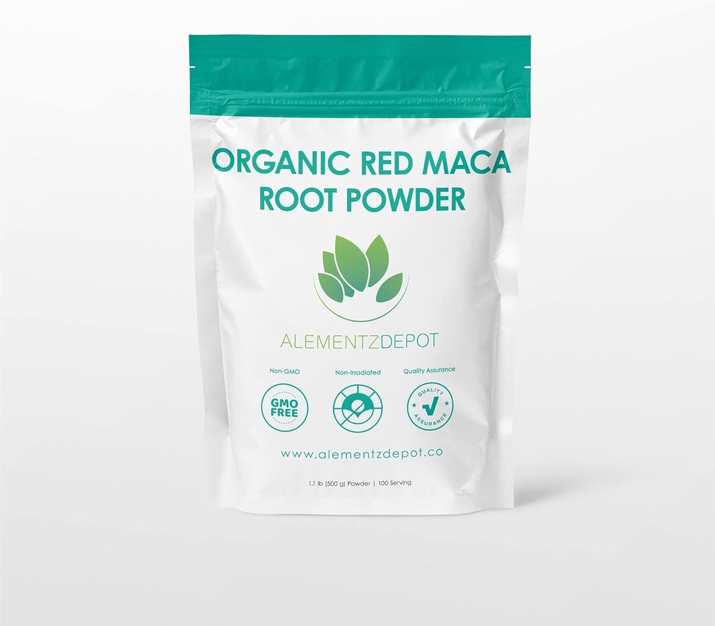 Poudre de racine de maca rouge biologique, 500 grammes (1,1 lbs.), cultivé au Pérou, riche en antioxydants, aide énergétique, étamine, endurance, force et système immunitaire, sans additifs, sans remplissage.