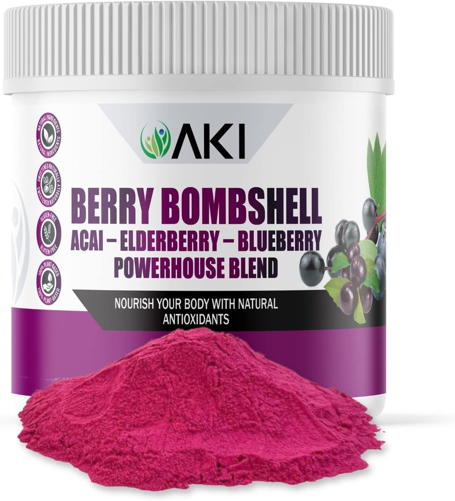 AKI Berry Bombshell - Açai, Elderberry & Blueberry Blend (5.3oz/150g) - Amène les baies idéales pour créer un super aliment nutritionnel, savoureux et pratique - Vegan Friendly & Gluten Free