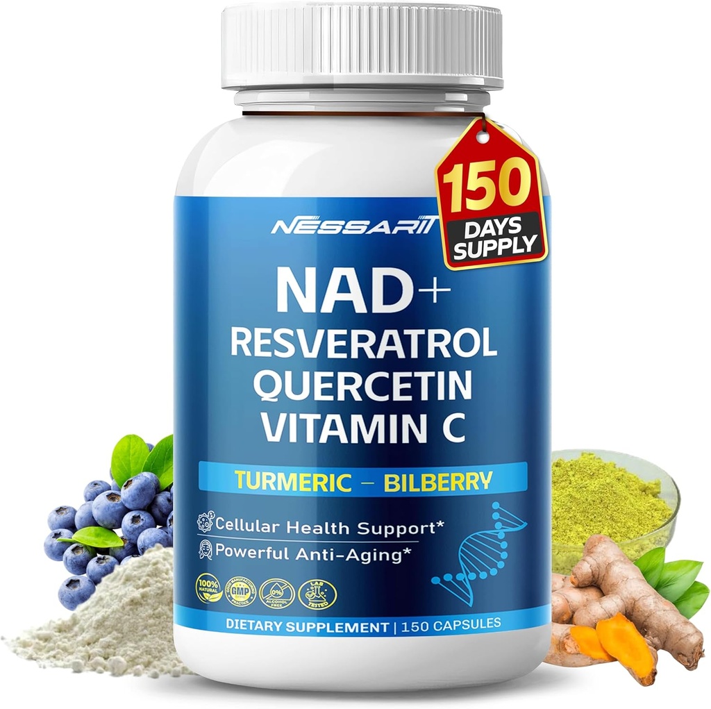 NAD+ RESVERATROL Supplement- 10-in-1 Natural Blend mit Quercetin Turmeric Berberine Bilberry Green Tea - 150 Count - Made & Tested in USA