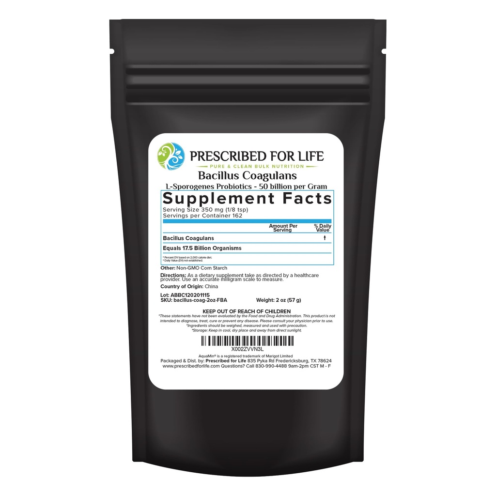 Prescritto per la vita Bacillus Coagulans Polvere, Lactobacillus Supplemento per Gut Health Support, Temperatura e Shelf Stable Probiotics, L. Sporogenes (50 Billion/Gram) (2oz / 56g)