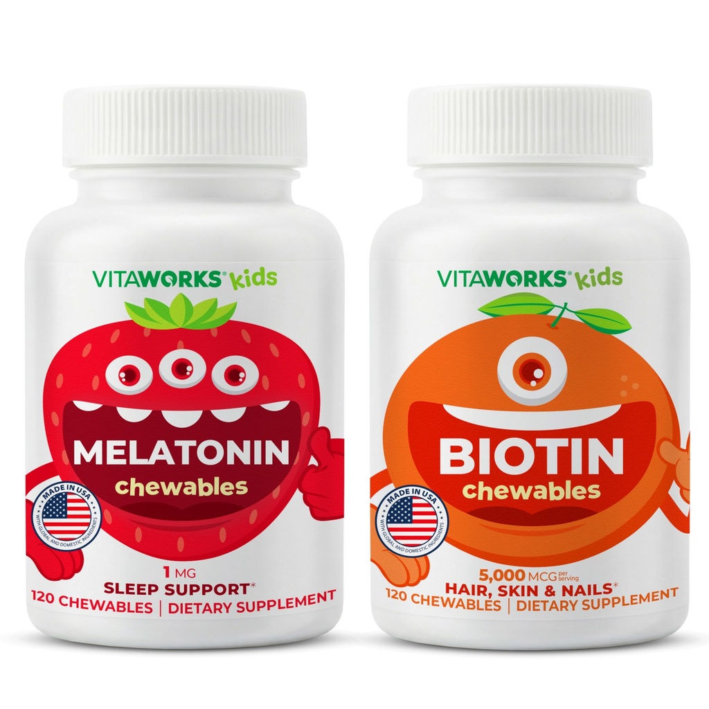 Kinder Melatonin 1mg Chewables + Biotin 5000mcg Chewables Bundle