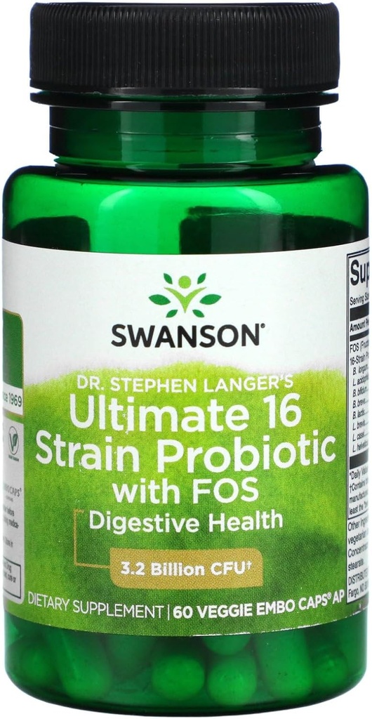 Swanson Dr. Stephen Langer's Formula - Probiotico naturale w/Prebiotic FOS - Integratore 16-Strain Promuovere il supporto digestivo w/ 3.2 miliardi di CFU per capsula - (60 capsule vegetali)