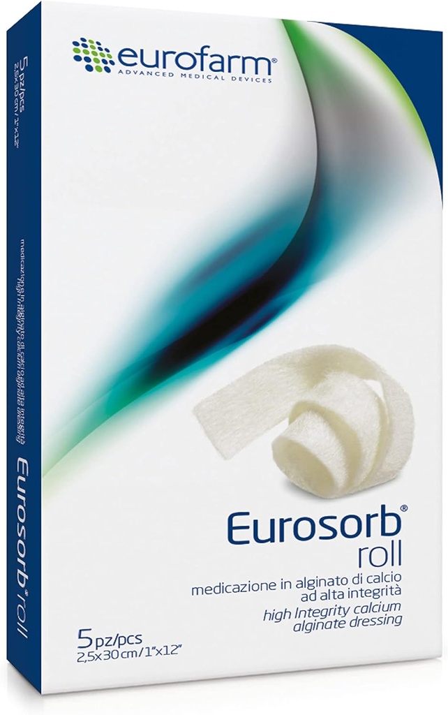 Eurosorb Roll -1 x 12 in -100% High Integrity Calcium Ribbon Dressing,Promotes The Healing Process,Formazione di nuovo tessuto,Integral Alginate –5 pezzi