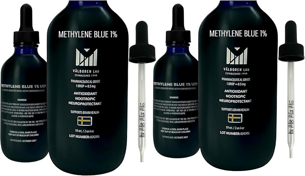 Methylen Blue Pharmaceutical Grade Bundle - 2 oz & 4 oz Flaschen - USP Grade - Made in USA - Third-Party Tested, Formaldehyd & Alkohol-Free - Gehirngesundheitsergänzung - Methylen 1% Tropfen für Menschen