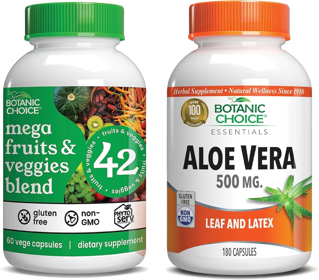 Botanic Choice Mega Fruits and Veggies Blend (60 capsule) + Aloe Vera (180 capsule) Bundle - Energy Balance & Superfood Supplement + Digestive Health Support