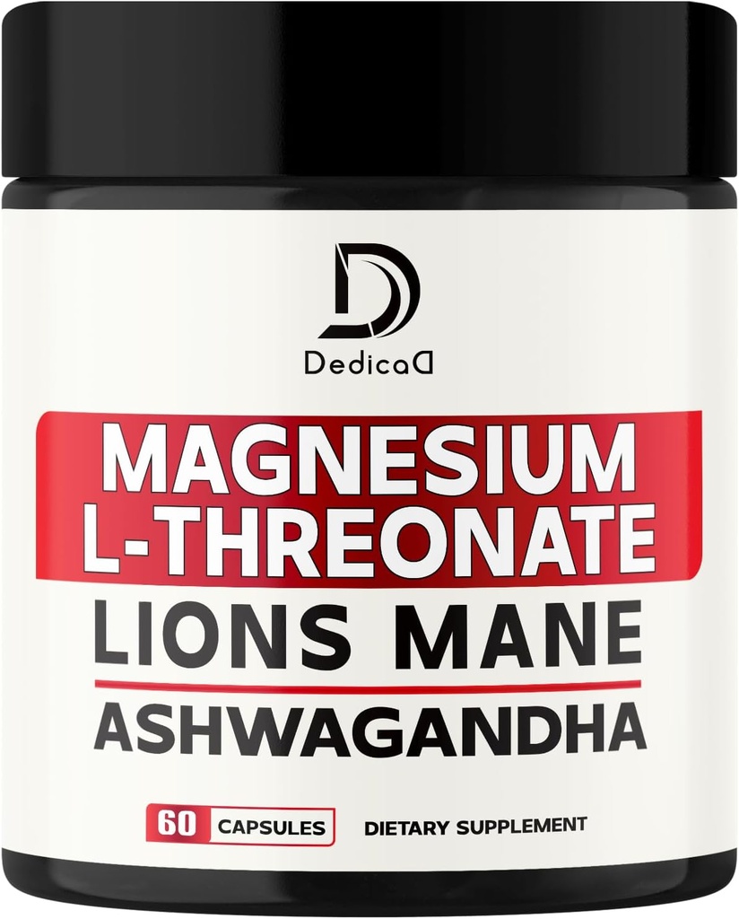 Magnesio L-Threonate Supplemento con Lions Mane & Ashwagandha Root - 1000Mg Per Serve per 60 Contenitori di Alimentazione - Advanced Formula Support