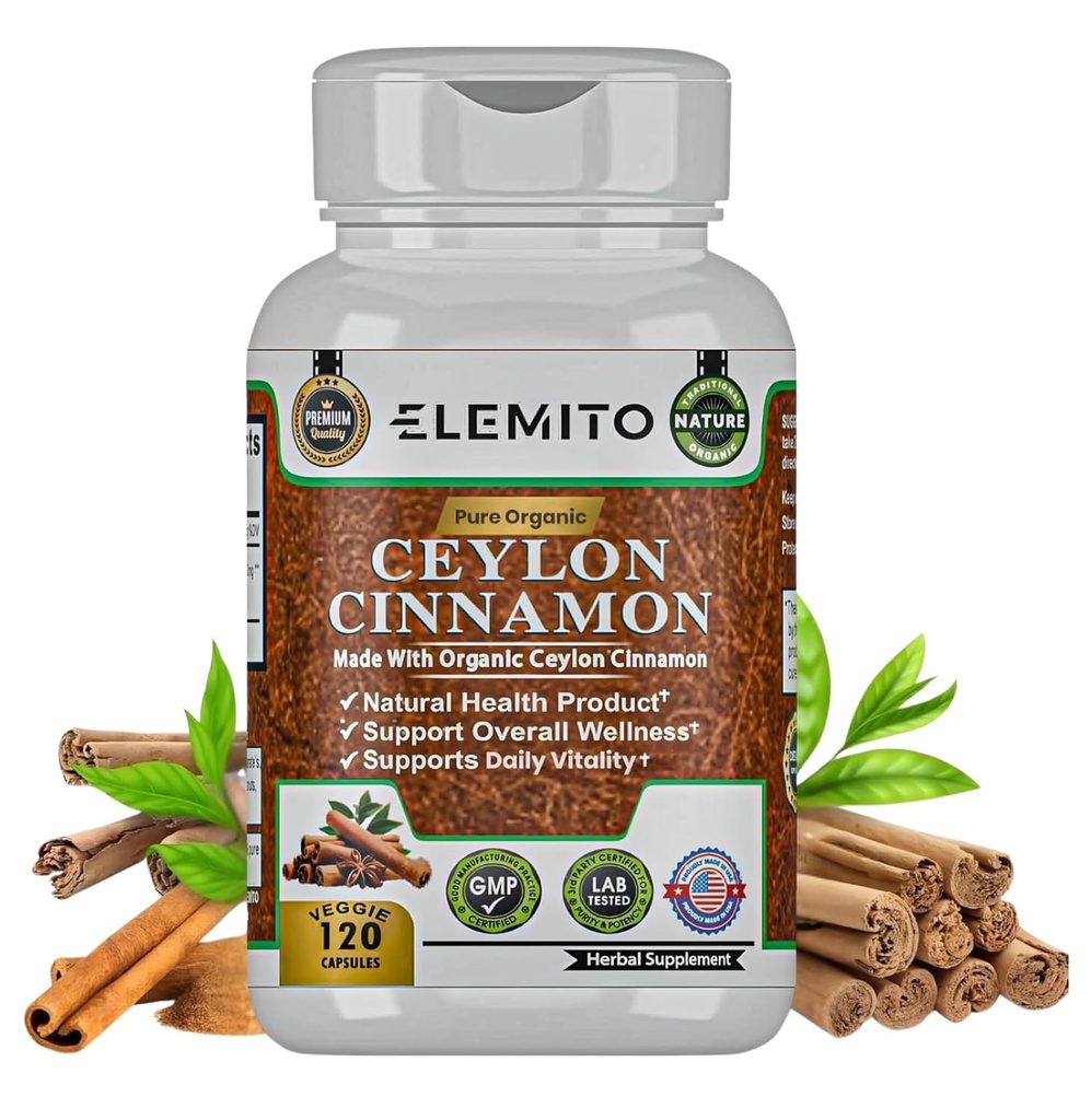 Ceylan Capsules de cannelle, support énergie, coeur et métabolisme, pilules de cannelle certifiées biologiques Ceylan, non OGM, végétalien, sans gluten - 120 capsules