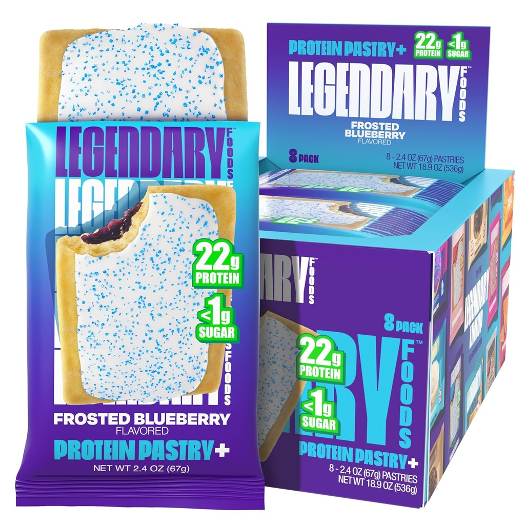 Legendary Foods 22g Protein Pastry+ Frosted Blueberry, Low Carb Meal Ersatz Bar - Low Glycemic, Gluten Free Protien Snacks - Gesunde Keto Snack Box 8 Zero Sugar Energy Bars - Diabetic Friendly