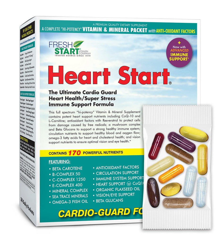 Heart Start Complete Daily Vitamin Pack | Heart Support & Immune Booster | Vitamina A, B, C, D, E, Minerali, Elderberry, Beta Glucans, Omega-3, CoQ-10, Quercetin, Resveratrol (30 Packets)