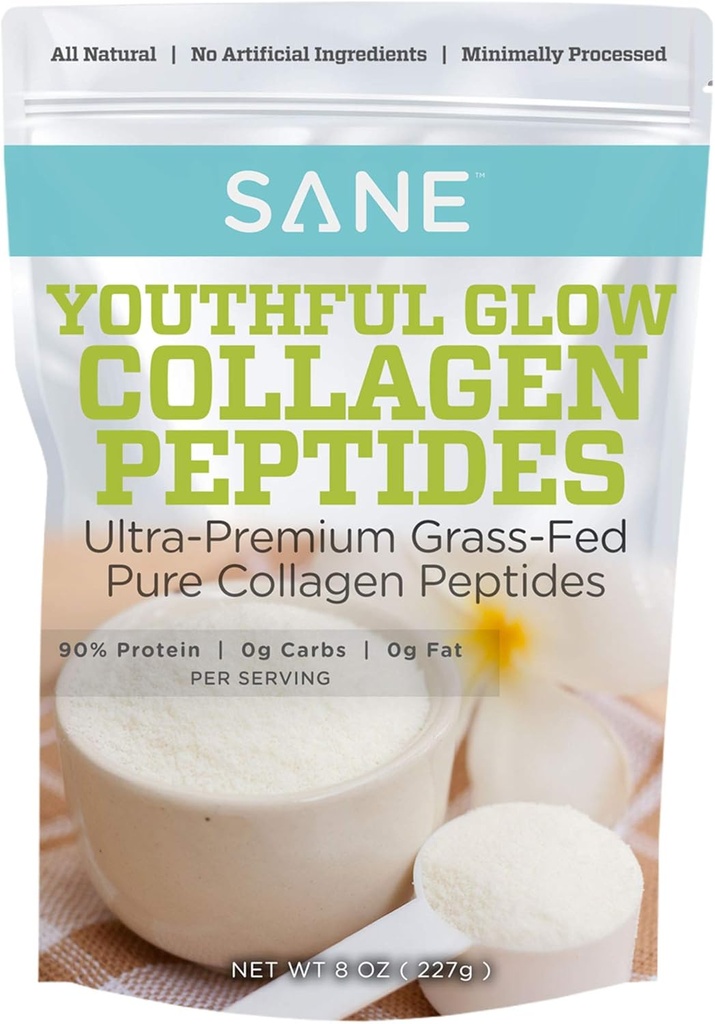 SANE MD - Poudre de collagène vital pour jeunes Glow - Poudre de collagène hydrolysée à base de bovine pour cheveux, ongles, peau et santé articulaire - Certifié NSF - 37 portions