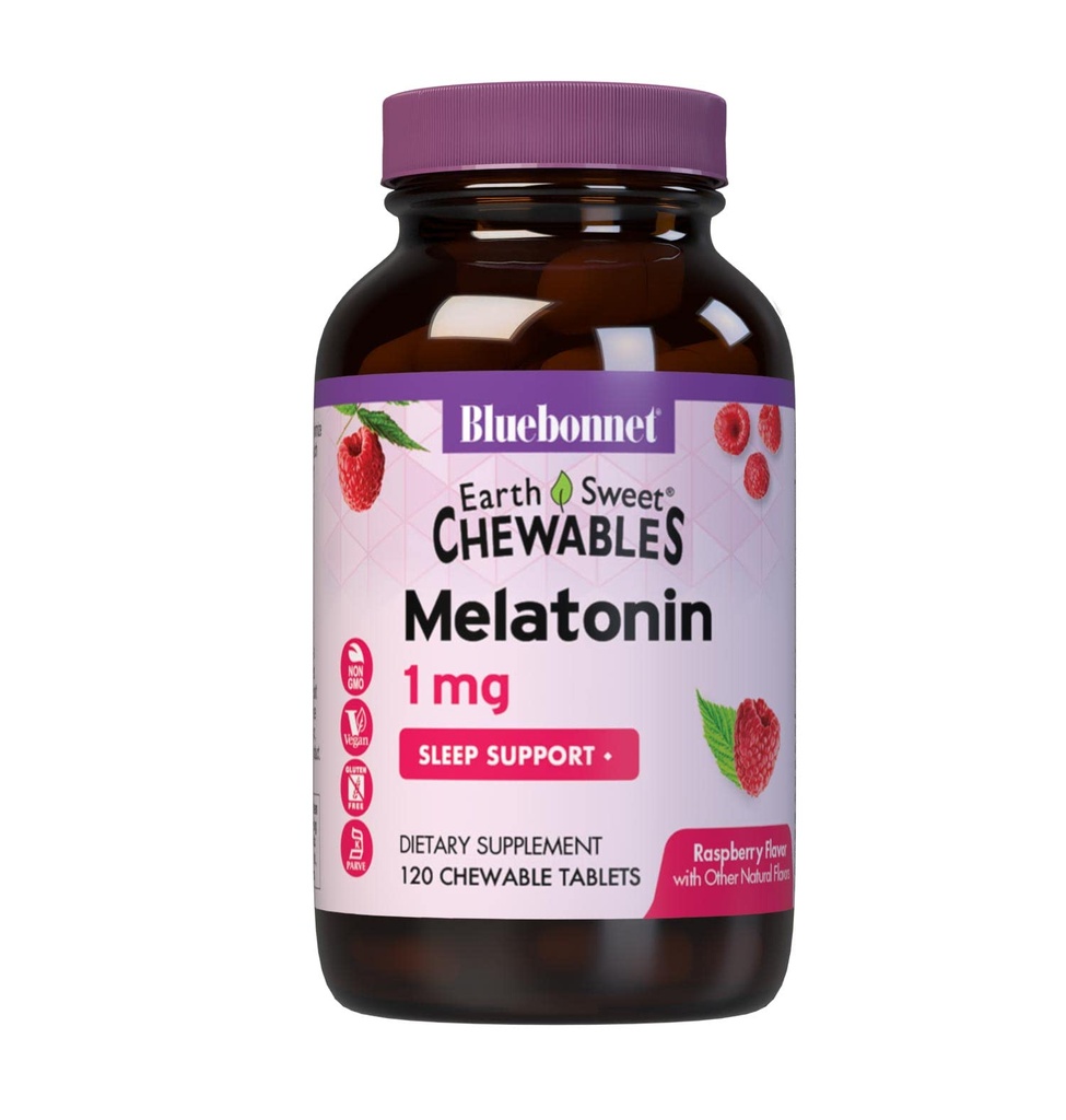 Bluebonnet Nutrition EarthSweet Melatonin 1 mg Schnell wirkende schnelle nächtliche Entspannung und erholsame Schlafunterstützung - Schlafmittel - glutenfrei, vegan - Himbeergeschmack - 120 Kautabletten
