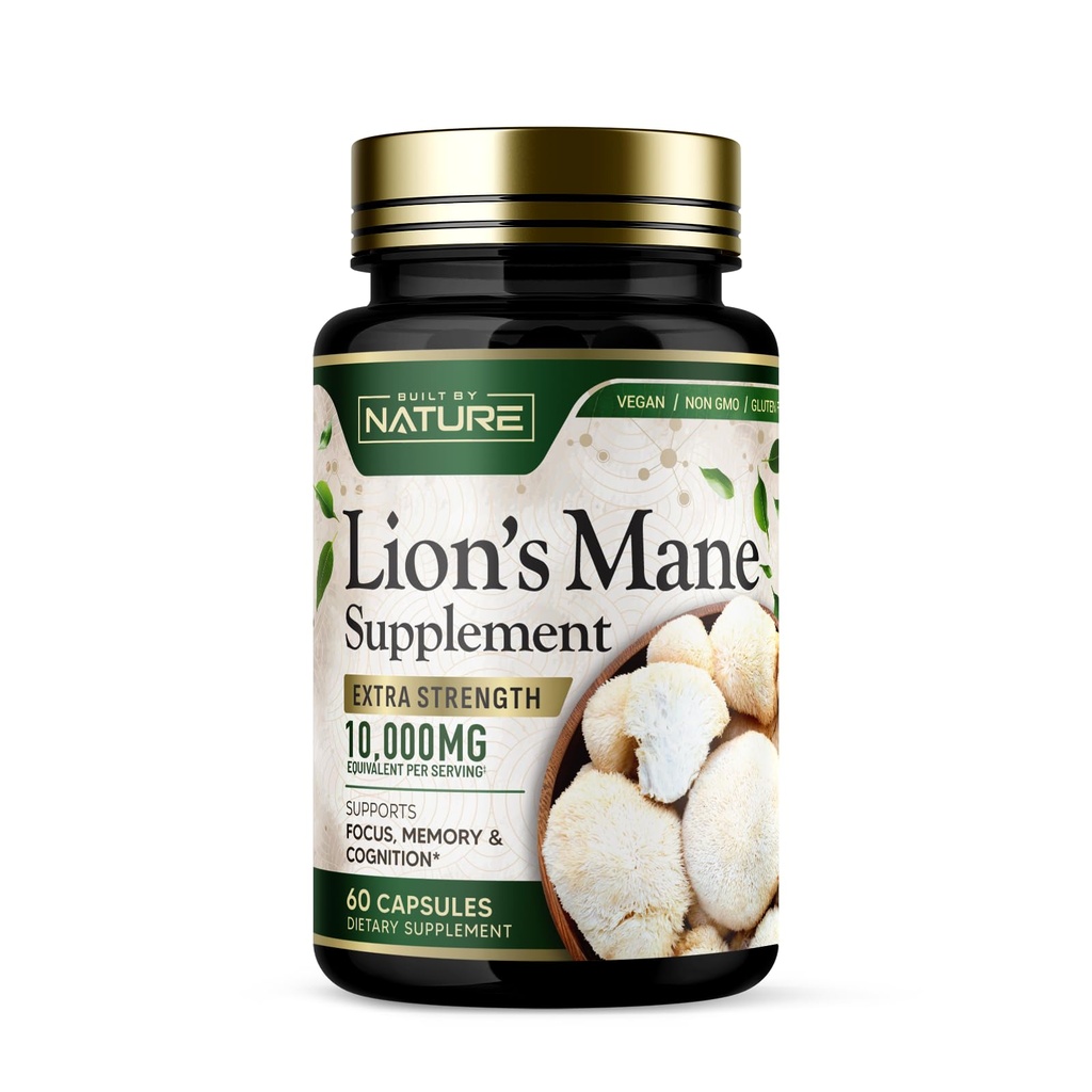Erbaut von Nature Lion’s Mane 10.000mg – Extra Strength Mushroom Supplement für Nootropic Brain Support – Fokus, Gedächtnis und kognitive Funktion – Non-GMO, Gluten-Free, Vegan - 60 Kapseln