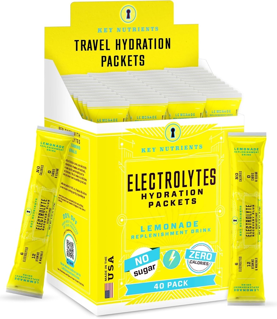KEY NUTRIENTS Multivitamin Elektrolyte Hydration Packets - Refreshing Lemonade Post Workout und Recovery 40 Pack - Kein Zucker, keine Kalorien - Travel Hydration Powder