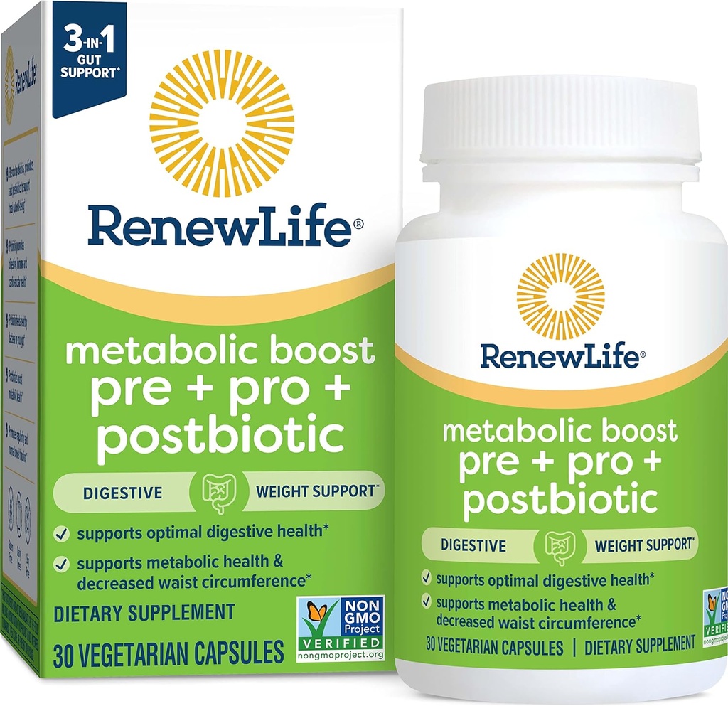 Renew Life Metabolic Boost Pre + Pro + Postbiotici; Prebiotici, Probiotici e Postbiotici supportano la salute digestiva ottimale e la salute metabolica; 30 capsule vegetariane*