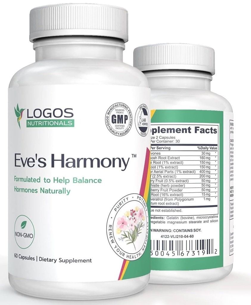 Eve's Harmony Menopause Supplement, Hormone Unterstützung für Frauen mit Soy Isoflavones, Black Cohosh & Red Raspberry, Non-GMO natürliche PMS & Menopausal Symptome Unterstützung, 60 Kapseln