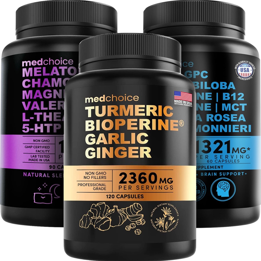 MEDCHOICE Turmeric & Ginger (120ct), Sleep Melatonin (90ct) und Nootropic Brain (60ct) Supplement Bundle - Wellness Trio für Gehirn, Schlaf und Immununterstützung - Vegan, Non-GMO, Gluten-frei