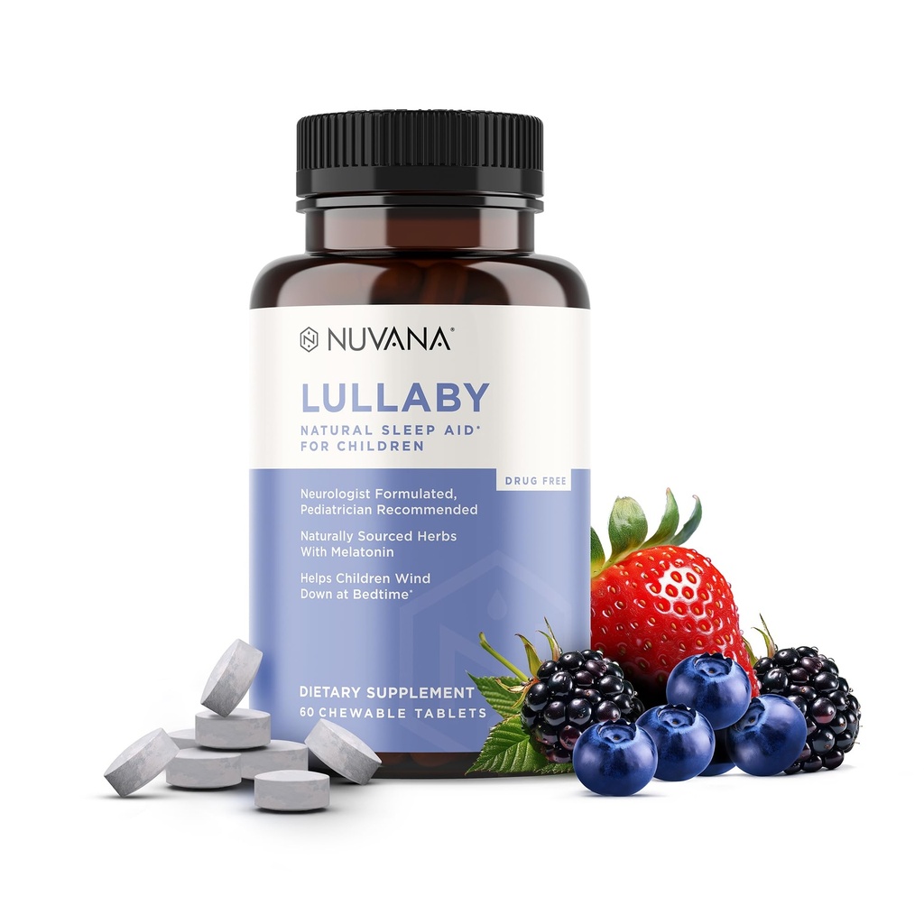 Lullaby | Gentle Kids Natural Sleep Aid | Pediatrician Empfohlen | Delicious Low Dose Melatonin & Non-Habit Forming Mixed Berry Chewable Tablets | mit Kamille, Magnesium für Kinder 3+