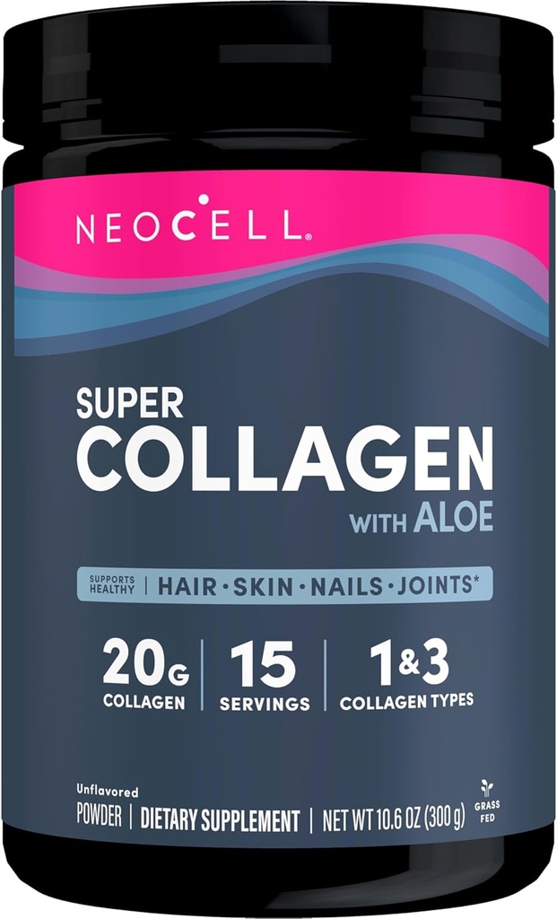 Neocell Super Collagen con Aloe; Collage tipo 1 e 3; Supporta capelli sani, pelle e chiodi; Senza glutine; Polvere non aromatizzata; 10 g Collagene/Serving; 30 Serve; 10.6 Oz,*