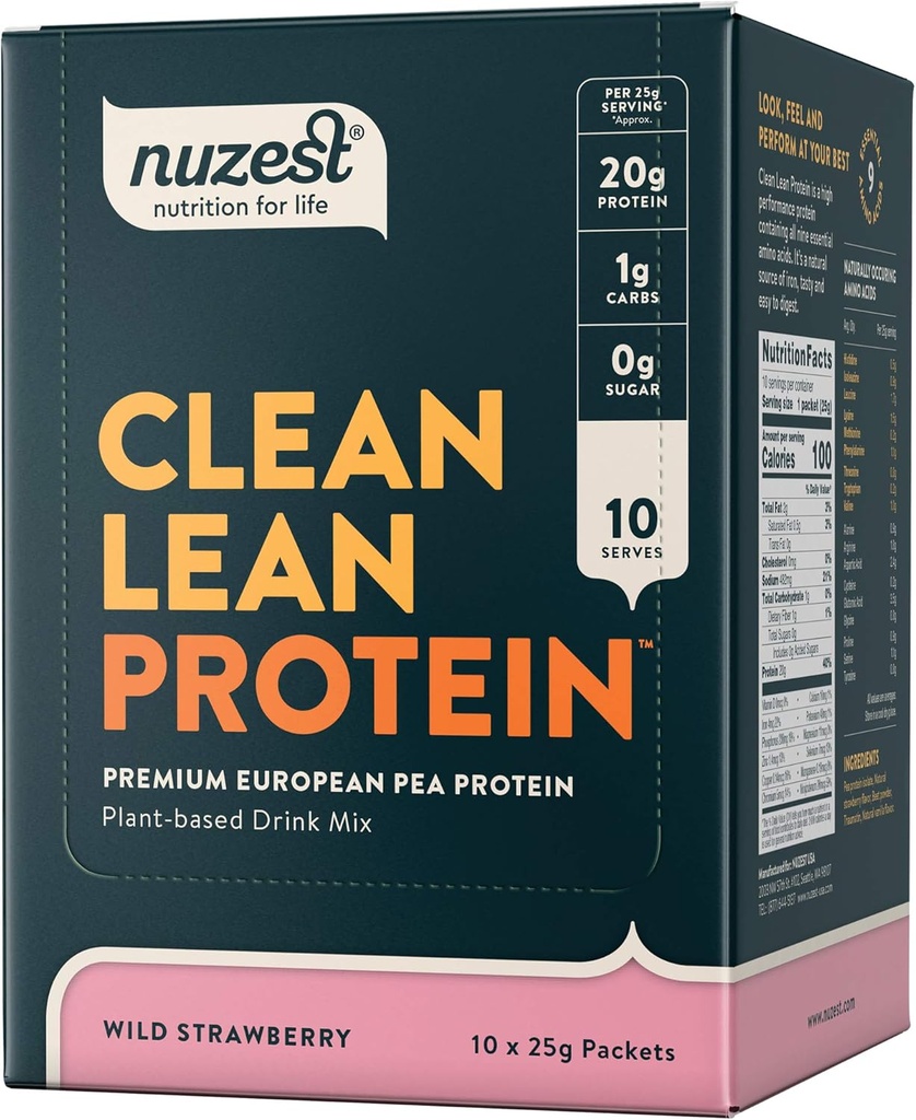 Nuzest - Pea Protein Powder - Clean Lean Protein, Premium Vegan Plant Based Protein Powder, Dairy Free, Gluten Free, GMO Free, Protein Shake, Wild Strawberry, 0.9 oz, (Pack von 10)