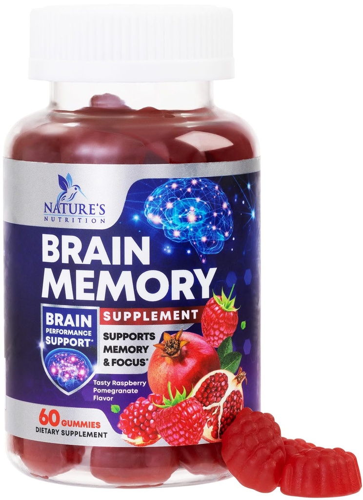 Suppléments Cerveau pour la Mémoire et les Gummies de Focus - Clarté B6 B12 et Phosphatidylsérine - Nootropiques naturelles Concentration cognitive et alerte Soutien Vitamines - 60 Gummies Vegan