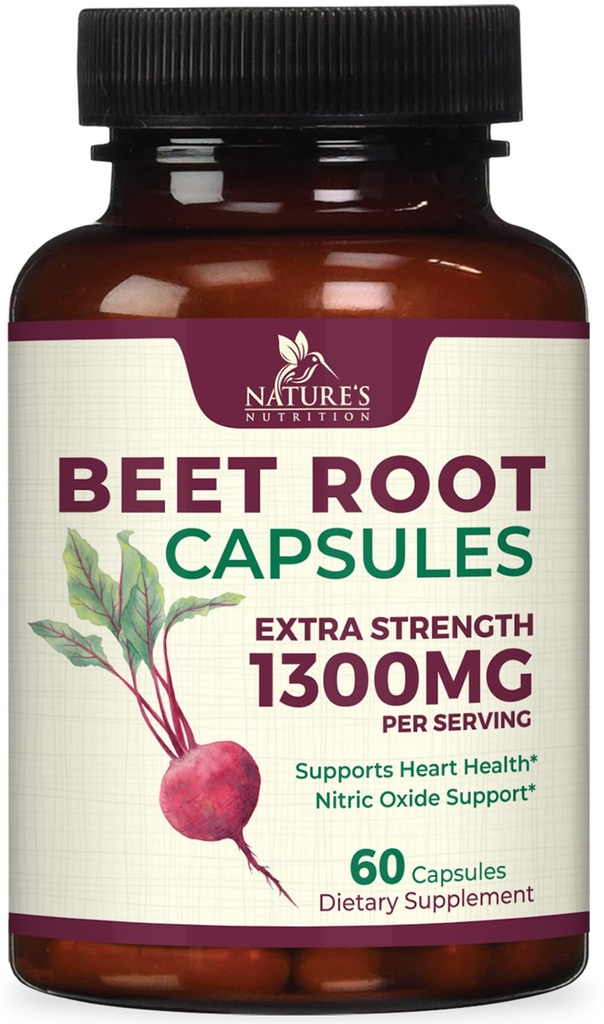 Beet Root Capsules 1300mg - Extra Strength Red Beetroot Powder Supplement – Unterstützt Nitric Oxide Produktion, Herzgesundheit & Natürliche Energie – Non-GMO, Vegan, Gluten Free – 60 Veggie Kapseln