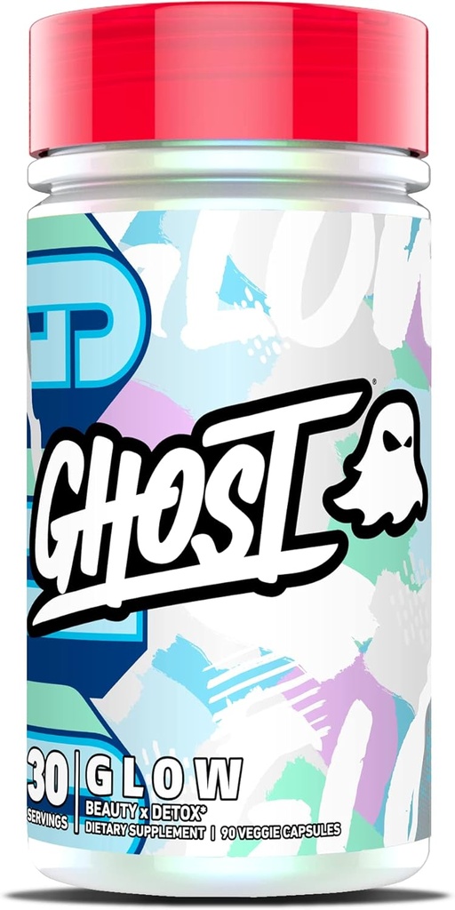 GHOST Glow Capsules: Supplément Beauté et Detox - 90 Capsules - Skin Boosting Hyaluronique Acid, Biotin & L-Theanine pour le soutien de la peau- Vegan, sans gluten