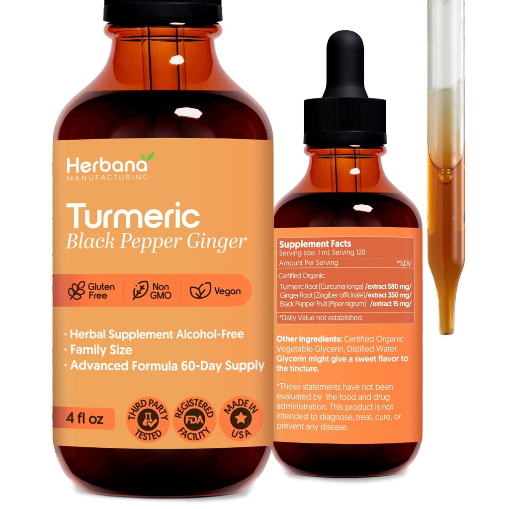 Estratto di liquido curcuma 3 in 1 - Curcumina & Ginger, pepe nero - Integratore naturale di erbe - Tintura di Booster immunitario e del cervello (2 FL OZ)